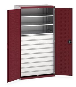 40021114.** Bott cubio kitted cupboard with lockable steel perfo lined doors 1050mm wide x 650mm deep x 2000mm high.  Supplied with 9 x 125mm high drawers and 3 x metal shelves.   Drawer capacity 75kgs, shelf capacity 100kgs....